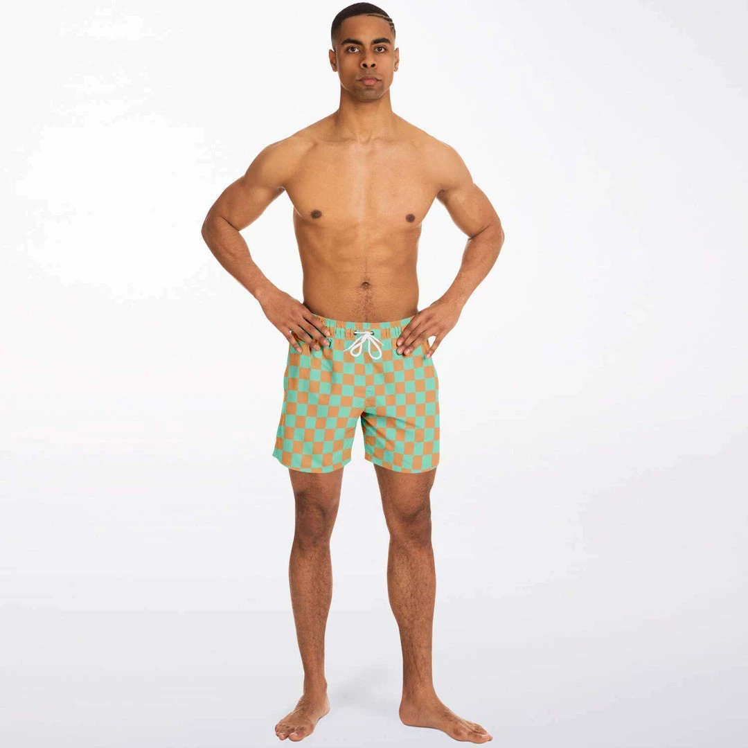 Subliminator Men Green & Orange Check Swim Shorts 7 Subliminator Men Green & Orange Check Swim Shorts
