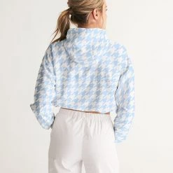 Harlow & Lloyd Baby Blue Houndstooth Women's Cropped Windbreaker Jacket