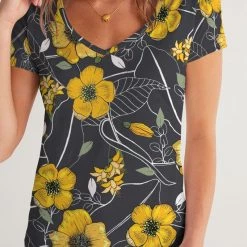 Harlow & Lloyd Yellow Flowers & Tropical Leaves Charcoal Women's V-Neck T Shirt T Shirts & Tanks 13 Harlow & Lloyd Yellow Flowers & Tropical Leaves Charcoal Women's V-Neck T Shirt T Shirts & Tanks