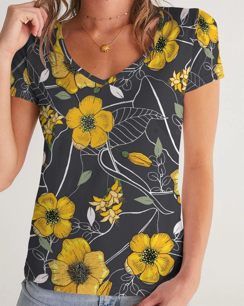 Harlow & Lloyd Yellow Flowers & Tropical Leaves Charcoal Women's V-Neck T Shirt T Shirts & Tanks 6 Harlow & Lloyd Yellow Flowers & Tropical Leaves Charcoal Women's V-Neck T Shirt T Shirts & Tanks