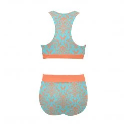Harlow & Lloyd Vintage Motif Orange & Blue Sports Crop Top Bikini Set Women
