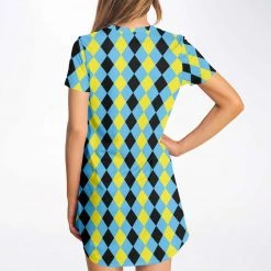 Subliminator Blue & Yellow Harlequin Check T Shirt Dress