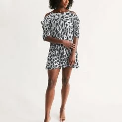 Harlow & Lloyd Black & White Leopard Women's Open Shoulder A-Line Dress