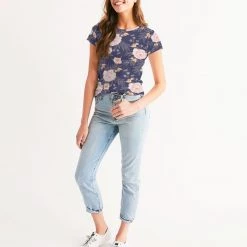 Harlow & Lloyd Orange Peonies Floral Orient Blue Women's Tee