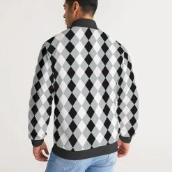 Harlow & Lloyd Harlequin Check Concrete Black And White Men's Stripe-Sleeve Track Jacket
