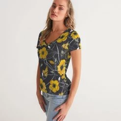 Harlow & Lloyd Yellow Flowers & Tropical Leaves Charcoal Women's V-Neck T Shirt T Shirts & Tanks