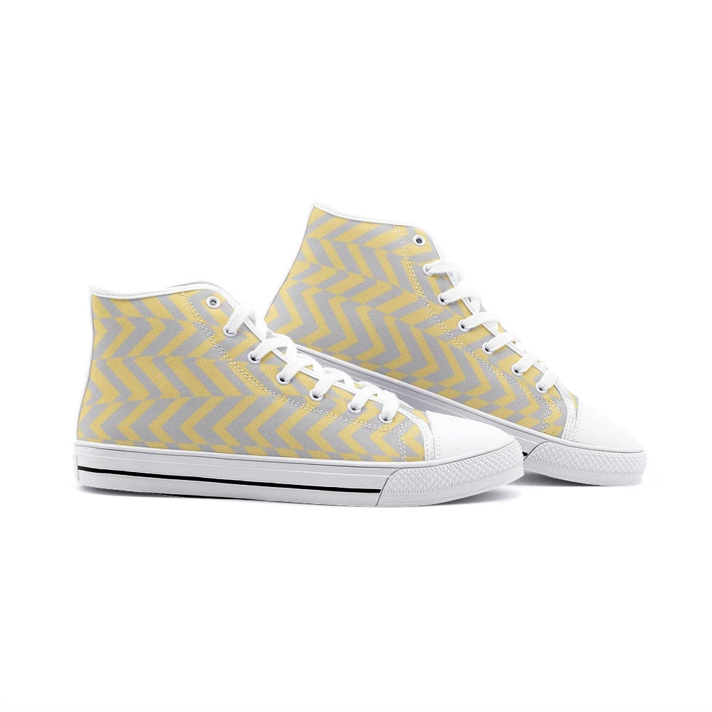 Harlow & LLoyd Yellow & Gray Abstract Stripe Unisex High Top Canvas Shoes 7 Harlow & LLoyd Yellow & Gray Abstract Stripe Unisex High Top Canvas Shoes