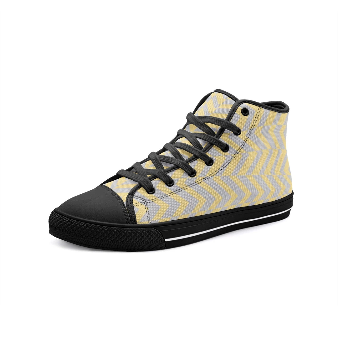Harlow & LLoyd Yellow & Gray Abstract Stripe Unisex High Top Canvas Shoes 3 Harlow & LLoyd Yellow & Gray Abstract Stripe Unisex High Top Canvas Shoes