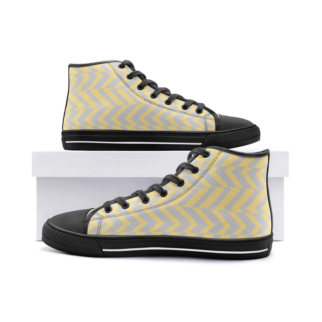 Harlow & LLoyd Yellow & Gray Abstract Stripe Unisex High Top Canvas Shoes 6 Harlow & LLoyd Yellow & Gray Abstract Stripe Unisex High Top Canvas Shoes