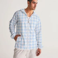 Harlow & Lloyd Jackets Baby Blue Large Houndstooth Men's Hooded Windbreaker Jacket
