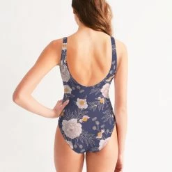Harlow & Lloyd Orange Peonies Floral Orient Blue Women's One-Piece Swimsuit