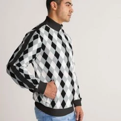 Harlow & Lloyd Harlequin Check Concrete Black And White Men's Stripe-Sleeve Track Jacket