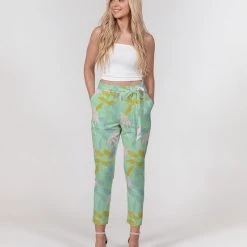 Harlow & Lloyd Green Tea Floral Women's Belted Tapered Pants Pants & Joggers