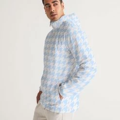 Harlow & Lloyd Jackets Baby Blue Large Houndstooth Men's Hooded Windbreaker Jacket