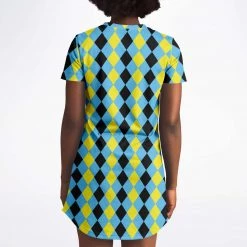 Subliminator Blue & Yellow Harlequin Check T Shirt Dress