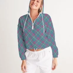 Harlow & Lloyd Purple & Green Tartan Women's Cropped Windbreaker Hooded Jacket Jackets 17 Harlow & Lloyd Purple & Green Tartan Women's Cropped Windbreaker Hooded Jacket Jackets