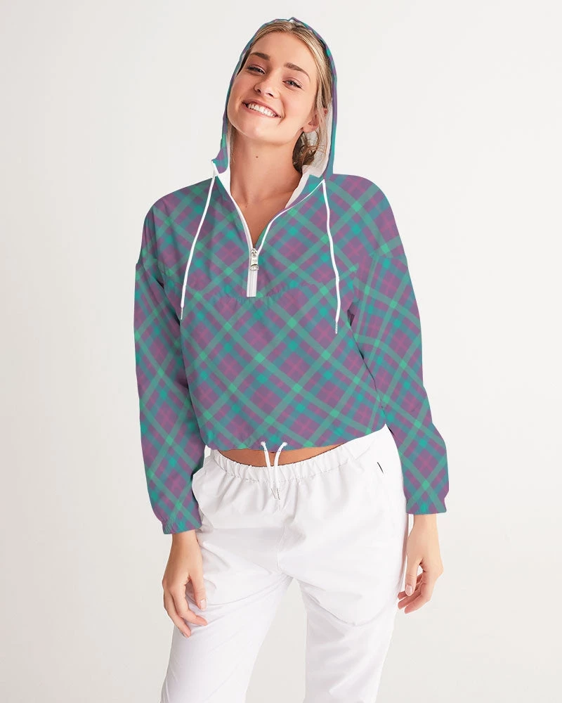 Harlow & Lloyd Purple & Green Tartan Women's Cropped Windbreaker Hooded Jacket Jackets 9 Harlow & Lloyd Purple & Green Tartan Women's Cropped Windbreaker Hooded Jacket Jackets