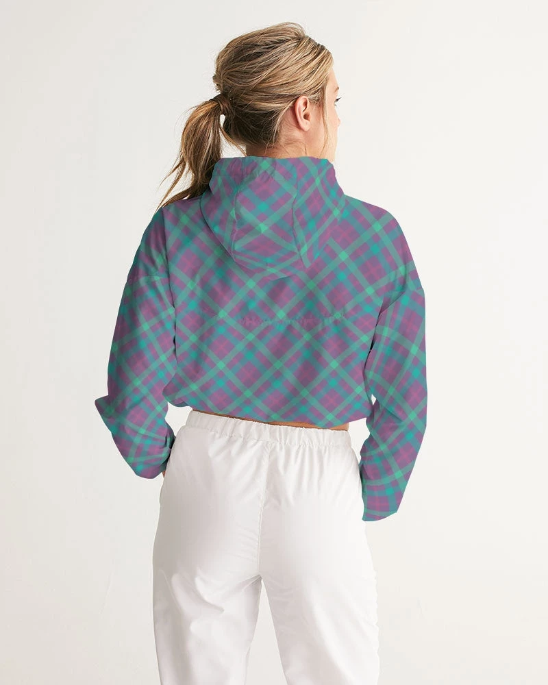 Harlow & Lloyd Purple & Green Tartan Women's Cropped Windbreaker Hooded Jacket Jackets 8 Harlow & Lloyd Purple & Green Tartan Women's Cropped Windbreaker Hooded Jacket Jackets