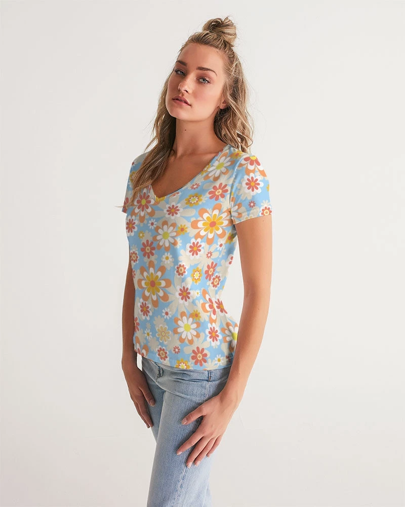 Harlow & Lloyd Blue Blooming Mod Floral Women's V-Neck Tee 7 Harlow & Lloyd Blue Blooming Mod Floral Women's V-Neck Tee