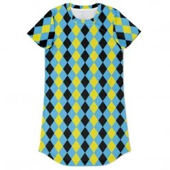 Subliminator Blue & Yellow Harlequin Check T Shirt Dress