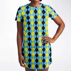 Subliminator Blue & Yellow Harlequin Check T Shirt Dress