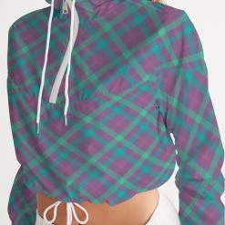 Harlow & Lloyd Purple & Green Tartan Women's Cropped Windbreaker Hooded Jacket Jackets 13 Harlow & Lloyd Purple & Green Tartan Women's Cropped Windbreaker Hooded Jacket Jackets