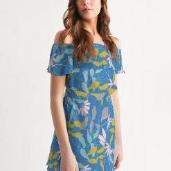 Harlow & Lloyd Parisian Blue Floral Women's Off-Shoulder Dress