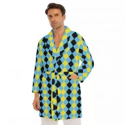 Harlow & Lloyd Blue & Yellow Harlequin Check Men's Short Robe Sleepwear / Loungewear