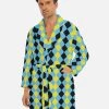 Harlow & Lloyd Blue & Yellow Harlequin Check Men's Short Robe Sleepwear / Loungewear
