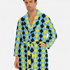 Harlow & Lloyd Blue & Yellow Harlequin Check Men's Short Robe Sleepwear / Loungewear