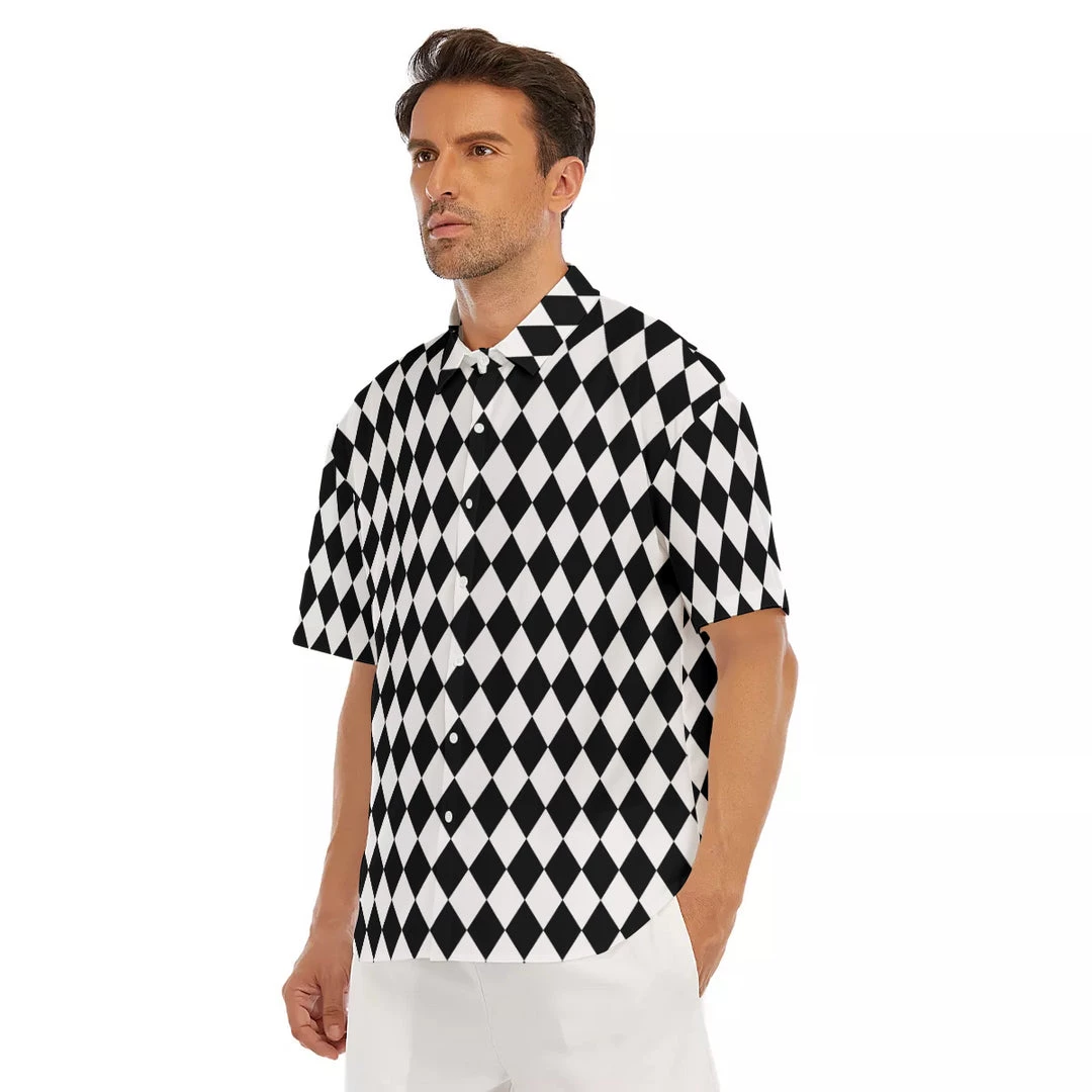 Harlow & Lloyd Shirts Black & White Harlequin Pattern Drop Shoulder Short Sleeve Shirt 11 Harlow & Lloyd Shirts Black & White Harlequin Pattern Drop Shoulder Short Sleeve Shirt