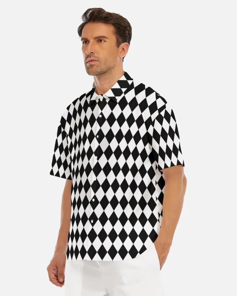 Harlow & Lloyd Shirts Black & White Harlequin Pattern Drop Shoulder Short Sleeve Shirt 3 Harlow & Lloyd Shirts Black & White Harlequin Pattern Drop Shoulder Short Sleeve Shirt