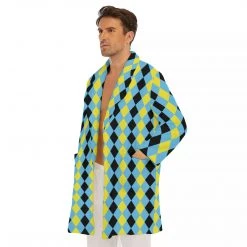 Harlow & Lloyd Blue & Yellow Harlequin Check Men's Short Robe Sleepwear / Loungewear