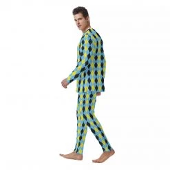 Harlow & Lloyd Blue & Yellow Harlequin Check Men's PJ Set Sleepwear / Loungewear