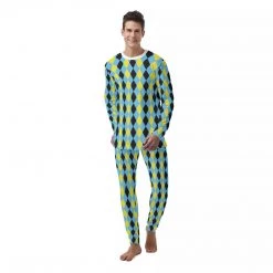 Harlow & Lloyd Blue & Yellow Harlequin Check Men's PJ Set Sleepwear / Loungewear