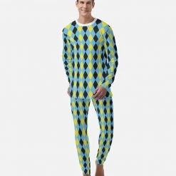 Harlow & Lloyd Blue & Yellow Harlequin Check Men's PJ Set Sleepwear / Loungewear