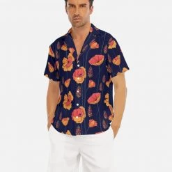 Harlow & Lloyd Wild Orange Vines V-neck Short Sleeve Shirt In Navy Shirts