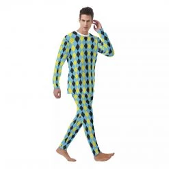 Harlow & Lloyd Blue & Yellow Harlequin Check Men's PJ Set Sleepwear / Loungewear