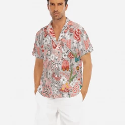Harlow & Lloyd Blood Orange Floral V-neck Short Sleeve Shirt
