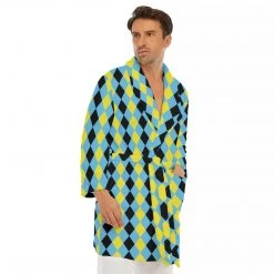 Harlow & Lloyd Blue & Yellow Harlequin Check Men's Short Robe Sleepwear / Loungewear