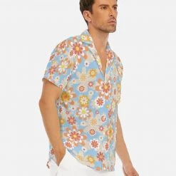 Harlow & Lloyd Shirts Blue Blooming Mod Floral V-Neck Short Sleeve Shirt