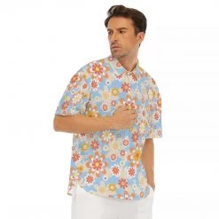 Harlow & Lloyd Blue Blooming Mod Floral Drop Shoulder Short Sleeve Shirt