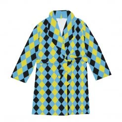 Harlow & Lloyd Blue & Yellow Harlequin Check Men's Short Robe Sleepwear / Loungewear