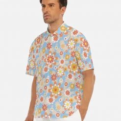 Harlow & Lloyd Blue Blooming Mod Floral Drop Shoulder Short Sleeve Shirt