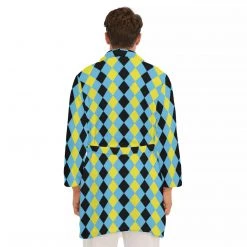 Harlow & Lloyd Blue & Yellow Harlequin Check Men's Short Robe Sleepwear / Loungewear