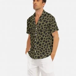 Harlow & Lloyd Cheetah Print V-Neck Short Sleeve Shirt In Sand