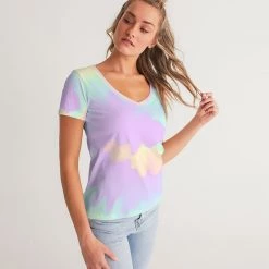 Harlow & Lloyd Lilac Mint Tie Dye Women's V-Neck Tee T Shirts & Tanks