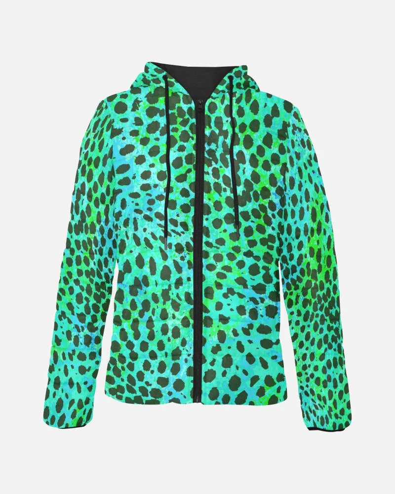 Harlow & Lloyd Neon Green Leopard Print Lightweight Womens Hooded Puffer Jacket 3 Harlow & Lloyd Neon Green Leopard Print Lightweight Womens Hooded Puffer Jacket