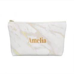 Harlow & Lloyd Personalized Cosmetic Bag / Accessory Pouch In White Marble & Gold Bags