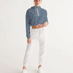 Harlow & Lloyd Purple & Green Tartan Women's Cropped Windbreaker Hooded Jacket Jackets